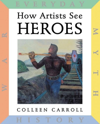 Black man in blue jeans smiling to his right walking along train track with club hammer on shoulders and How Artists See: Heroes in black font above