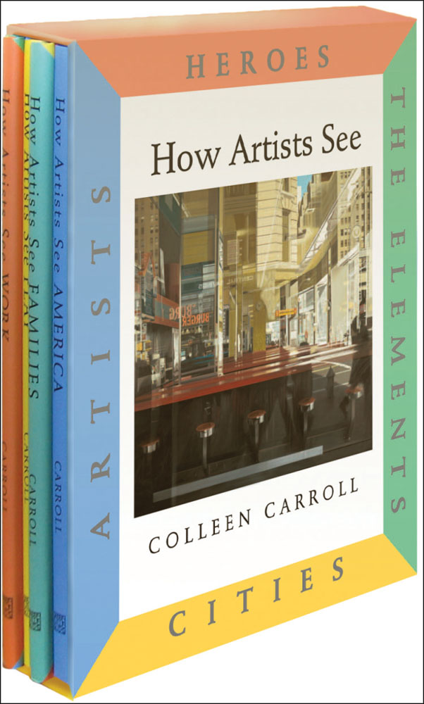 4 book box set, square painting of inside café shop front through window, How Artists See Colleen Carroll in black font above and below.