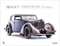 Old unrestored classic car with light blue panels on white cover of 'Mahy. A Family of Cars, The Tranquil Beauty of Unique Classic Cars', by Lannoo Publishers.