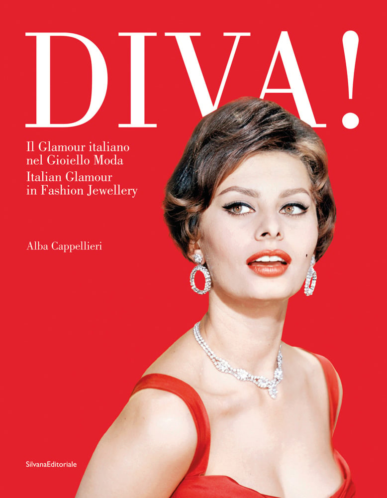 Red cover with Sophia Loren in red dress, lipstick and diamonds with DIVA! in white font above