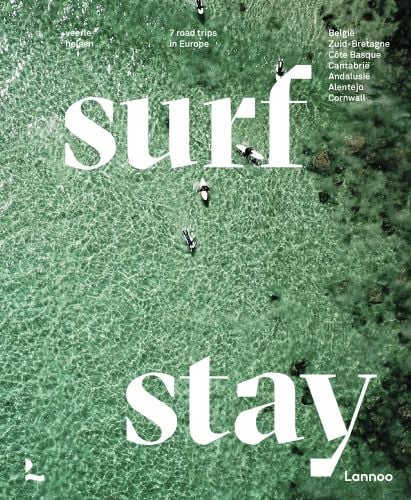 Aerial view of pale green sea with surfers and surf stay in white font