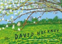 Digital painting of white blossom tree arching over green landscape, David Hockney in navy font below.