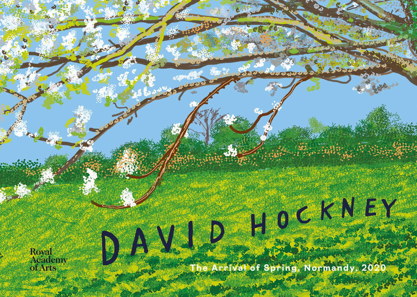 Digital iPad painting of white blossom tree arching over green landscape with David Hockney in dark blue naïve font