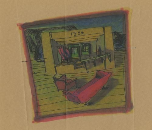 Beige cover with coloured ink sketch of interior space with red sofa and raised cube enclosure