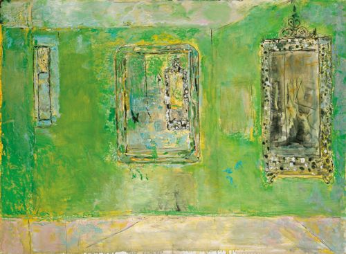 Bright green interior abstract painting with 2 large yellow ornate frames on wall