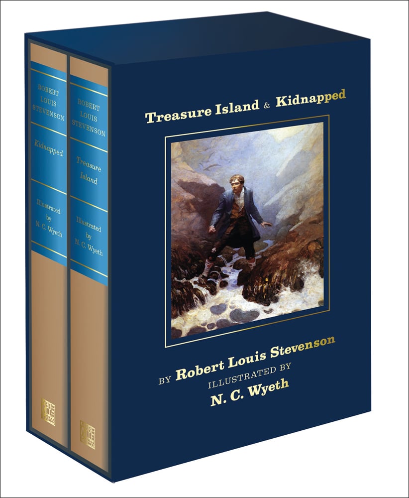 Navy box set of 2 books with blue and gold spines and a dramatic full length painting of Jim Hawkins straddling a torrent with Treasure Island & Kidnapped in gold font above
