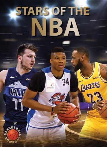 Three basketball players in action on court superimposed together with blurred background and Stars of the NBA in gold above