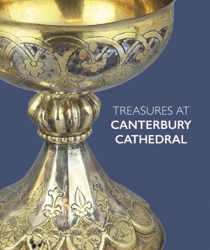 Close up of antique gold goblet on blue cover with Treasures at Canterbury Cathedral in white font to lower right