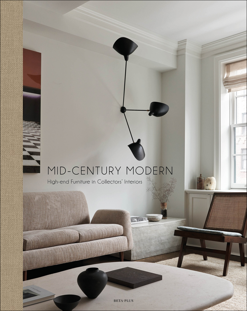 White walled interior, beige chair, black light fitting on cover of 'Mid-Century Modern, High-End Furniture in Collectors' Interiors', by Beta-Plus.