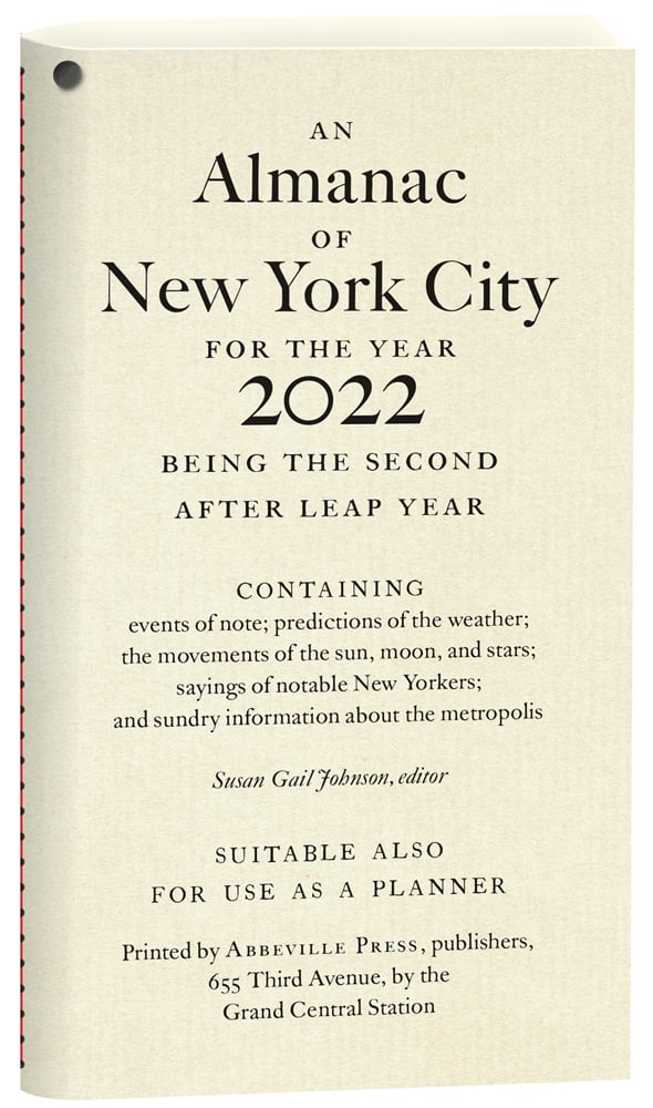 Sewn bound cream book cover of the pocket-sized guide, An Almanac of New York City for the Year 2022', published by Abbeville Press.