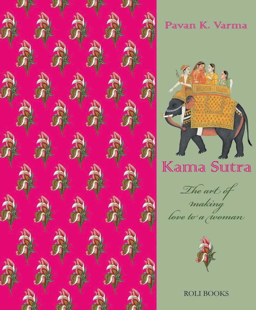 Pink left panel with repeated flower pattern and green panel to right with dark grey elephant and 4 riders with Kama Sutra in pink font below
