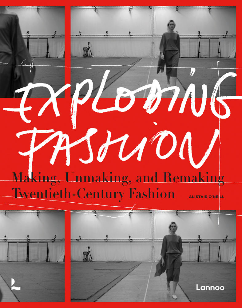 Black and white landscape photo reels with model on catwalk, on cover of 'Exploding Fashion, Making, Unmaking, and Remaking Twentieth Century Fashion', by Lannoo Publishers.