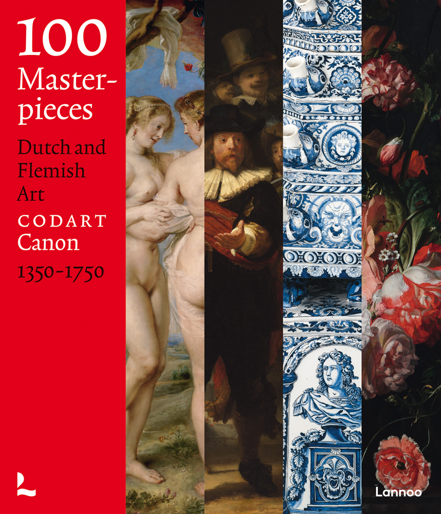 Vertical montage of 4 sections of paintings, on cover of 100 Masterpieces Dutch and Flemish Art 1350-1750', by Lannoo Publishers.