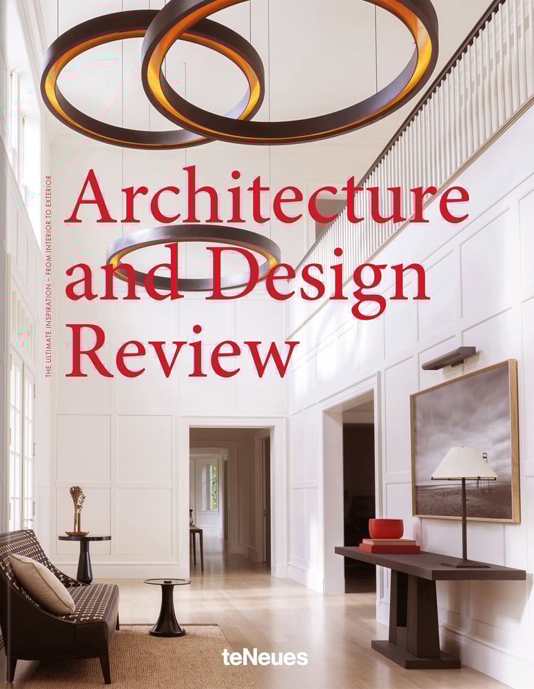 Book cover of Architecture and Design Review: The Ultimate Inspiration - From Interior to Exterior, with an interior room with large painting on wall, and modern light fittings. Published by teNeues Books.