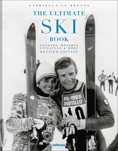 Former World Cup alpine ski racer Andreas Wenzel, with female skier, THE ULTIMATE SKI BOOK, in blue font above.