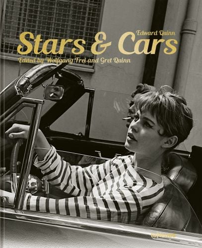 French actress Brigitte Bardot in driving seat of vintage car, Stars and Cars, in gold font above.