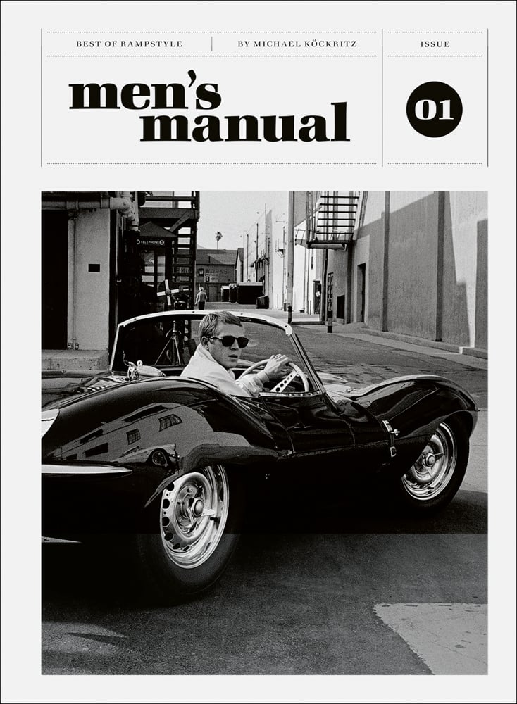 Actor Steve McQueen driving his 1957 Jaguar XKSS, on white cover, men’s manual, in black font above.