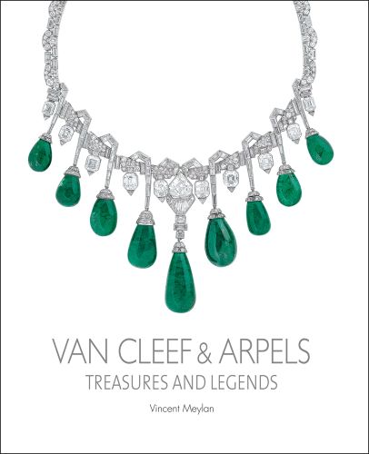 White cover with a colour photograph of a diamond necklace with nine pear drop shape emerald jewels and Van Cleef and Arpels Treasures and Legends Vincent Meylan in grey printed by ACC Art books