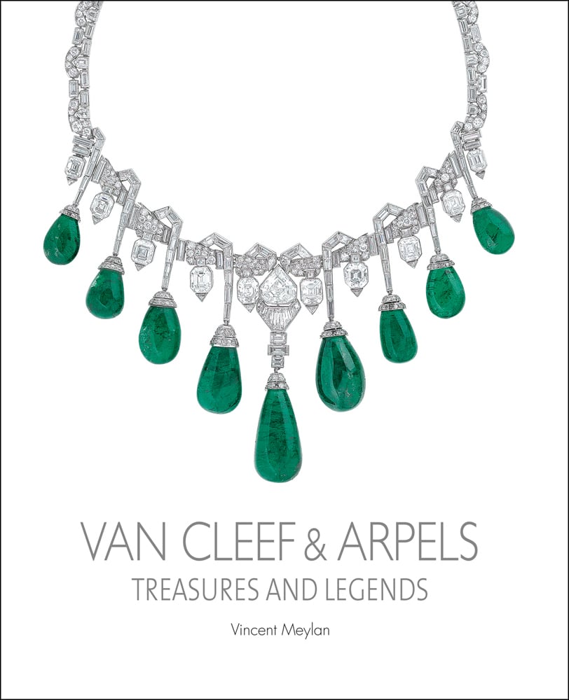 Art Deco emerald and diamond necklace made for HRH, Princess Fazia of Egypt in 1929, on white cover of 'Van Cleef and Arpels, Treasures and Legends', by ACC Art Books.
