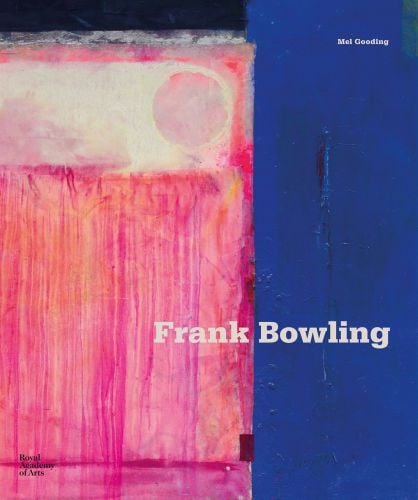 Abstract painting with electric blue panel to right and bright pink, orange and cream oblong to left side with Frank Bowling in white font