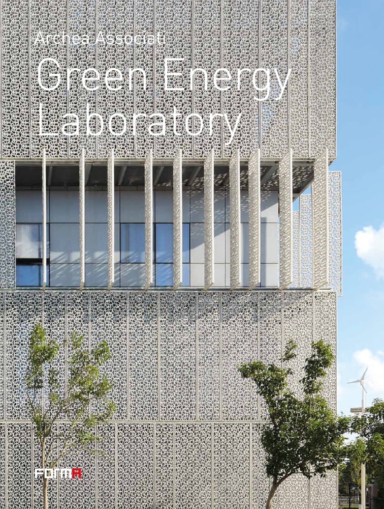 Modern architectural building with patterned surface and green trees below, on cover of 'Green Energy Laboratory, Archea Associati', by Forma Edizioni.