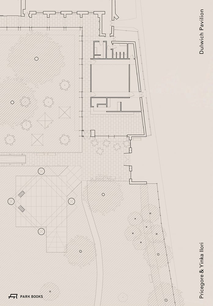 Off white cover with architectural plan drawing of Dulwich Pavilion in black with Dulwich Pavilion Pricegore & Yinka Ilori in black font to right edge