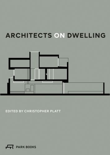Architectural elevation in black and white on grey green cover, Architects on Dwelling in black and white font above