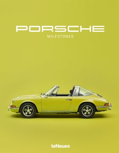 Bright green Porsche 911 Targa, PORSCHE MILESTONES, in white font to green above above.