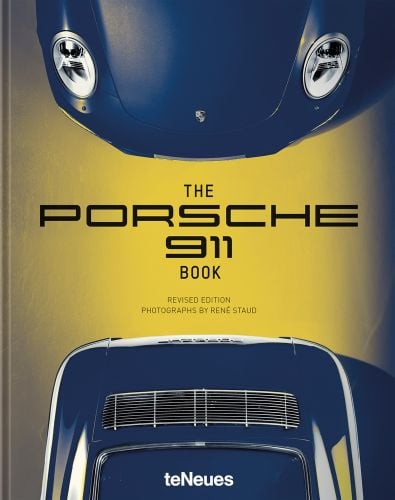 Aerial shot of nose and bonnet of navy Porsche model, THE PORSCHE 911 BOOK, in black font to centre.