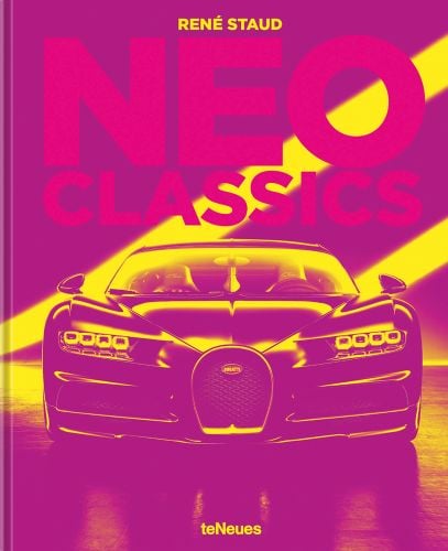 Front end of Bugatti Chiron, 'NEO CLASSICS', in pink font above, by teNeues Books.