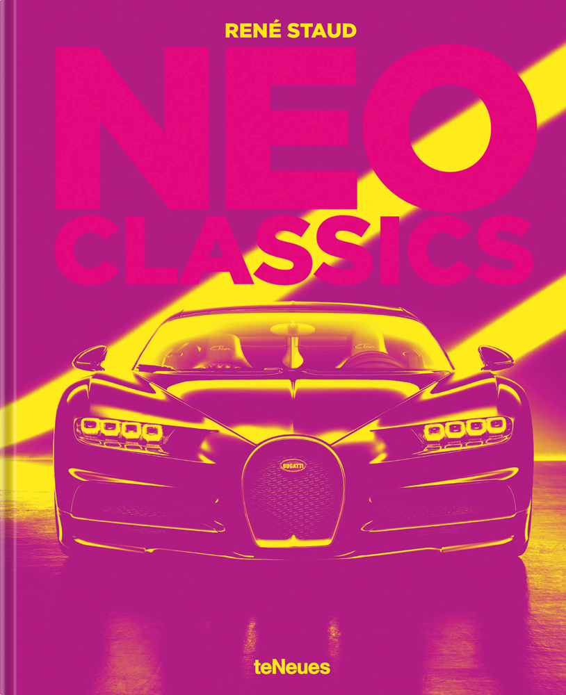 Front end of Bugatti Chiron, 'NEO CLASSICS', in pink font above, by teNeues Books.