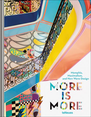 Brightly coloured Memphis design staircase and patterned flooring, 'MORE IS MORE', in colourful font to bottom right corner.