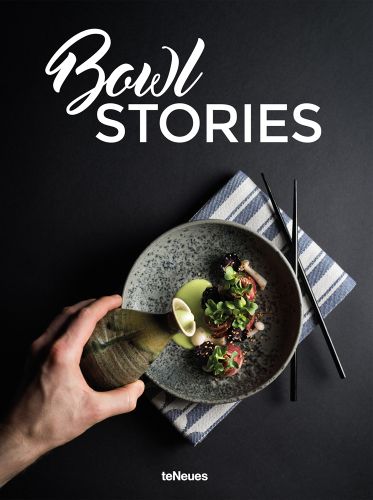 Bowl of carpaccio with blackberries, green sauce being poured over top, 'Bowl STORIES', in white font above, by teNeues Books.