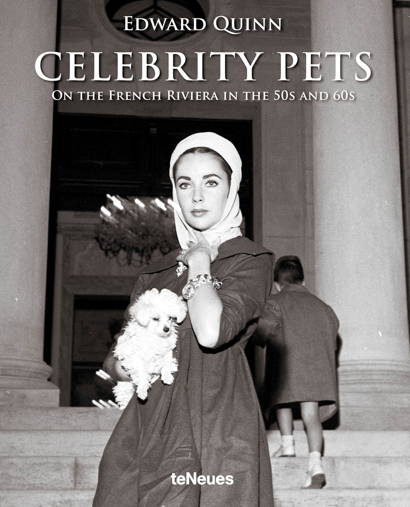 Actress Elizabeth Taylor pictured holding a white poodle, 'CELEBRITY PETS', in white font above, by teNeues Books.