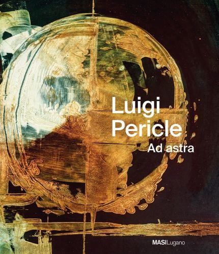 Abstract painting of world globe in pale gold and cream on dark blue background with Luigi Pericle. Ad Astra in whtie font