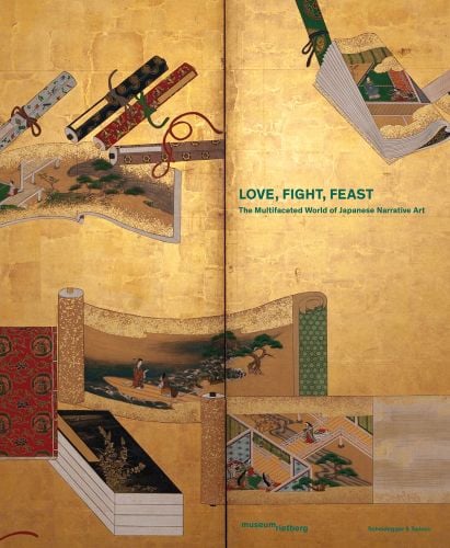 Shiny gold cover with Japanese style painted scrolls and Love, Fight, Feast in small green font