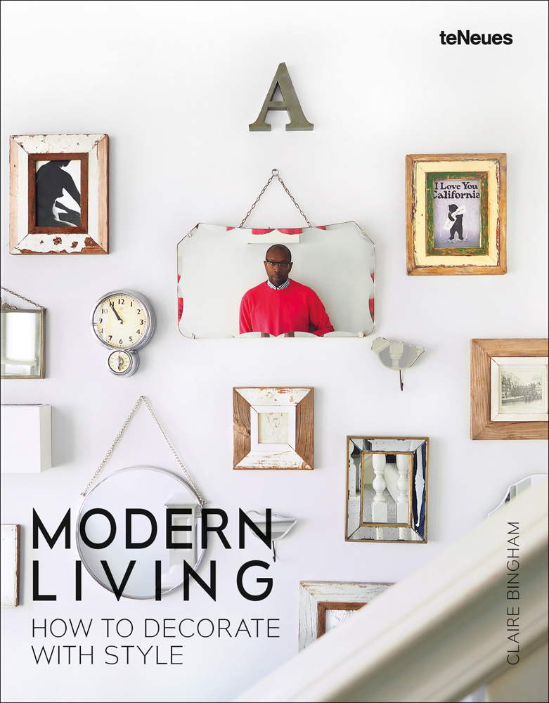 Wall of framed pictures, black male in mirror, clock, 'MODERN LIVING, HOW TO DECORATE WITH STYLE, in black font to bottom left corner.