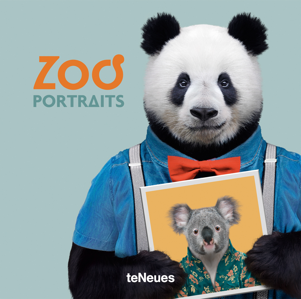 Panda dressed in blue denim shirt with red bowtie, holding Koala portrait in paws, 'ZOO PORTRAITS', in orange, and blue font to upper left.