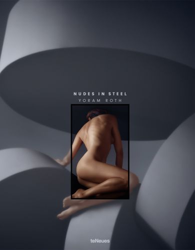 Nude white female in elegant pose facing away from viewer, on grey cover, 'NUDES IN STEEL, YORAM ROTH', in white font above.