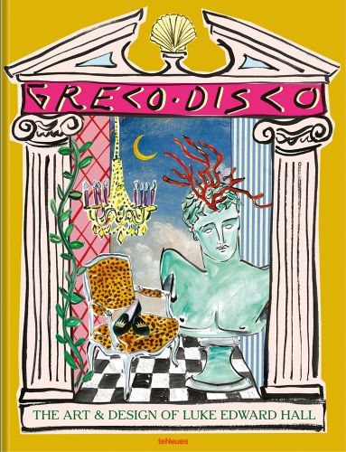 Greek bust, with chandelier above, leopard print chair, Greek columns either side, on cover of 'Greco Disco, The Art and Design of Luke Edward Hall', by teNeues Books.