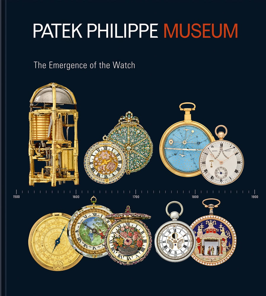 Collection of ornate Patek Philippe pocket watches, on navy cover, 'PATEK PHILIPPE MUSEUM', in white, and red font above.