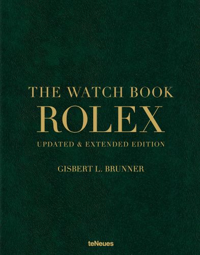 Dark green leather bound cover, 'The Watch Book Rolex', in gold font to centre, by teNeues Books.
