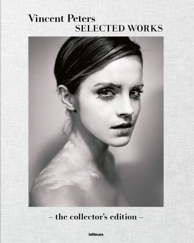 Black and white head and shoulders shot of actress Emma Watson with white face and Vincent Peters Selected Works in black font above