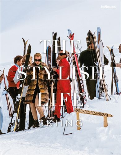 Group of fashion models in vintage ski wear, standing on snow, THE STYLISH LIFE SKIING, in white font to centre.