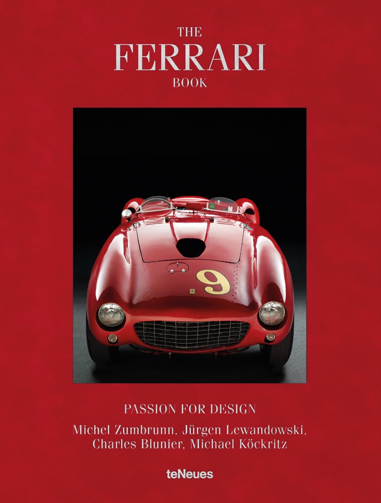 Red book cover of Michael Köckritz's The Ferrari Book: Passion for Design, featuring a 1953 Red Ferrari 375 MM Spider, with number 9 in yellow on bonnet. Published by teNeues Books.