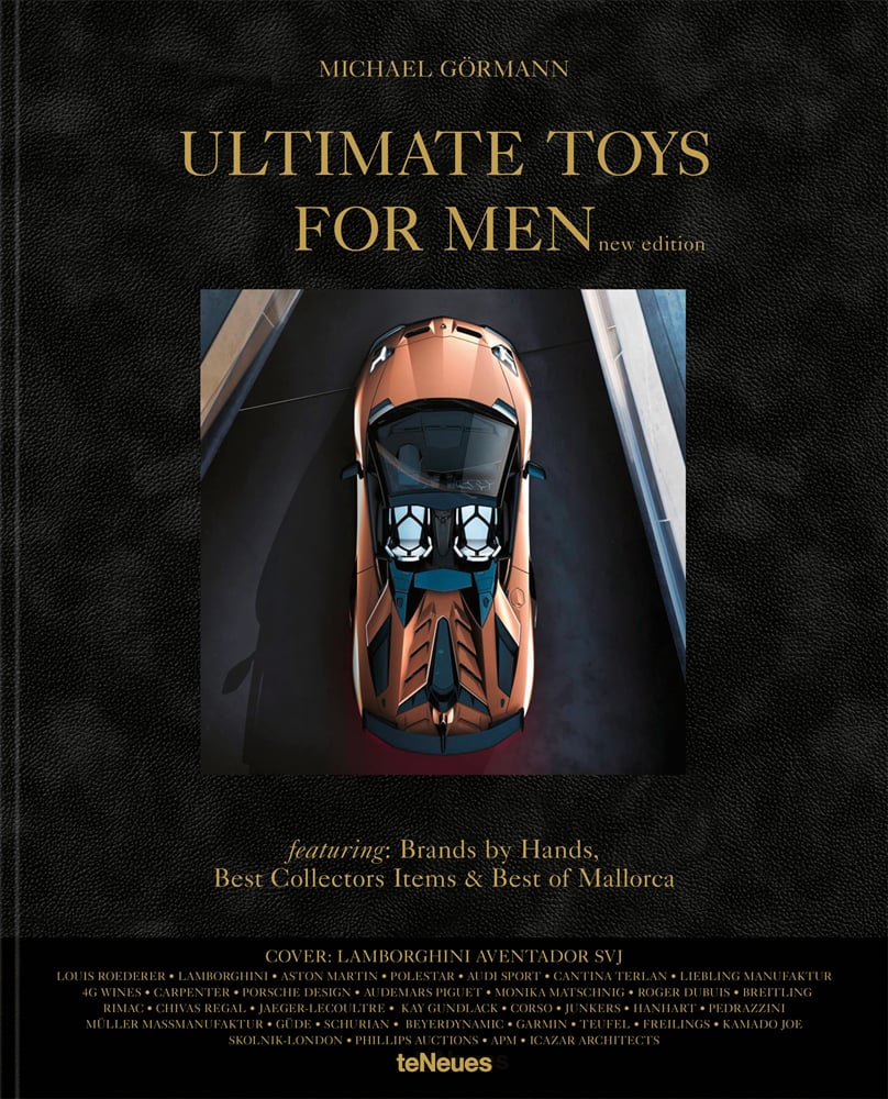 Book cover of Ultimate Toys for Men, New Edition, featuring an aerial shot of copper Lamborghini Aventador sports car. Published by teNeues Books.