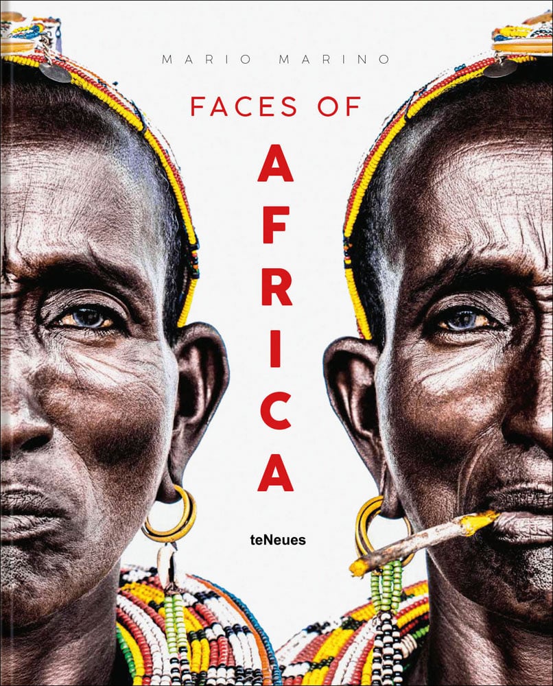 Photo of two half faces, one smoking, of African tribes people in traditional coloured beaded jewellery with Faces of Africa in red font above