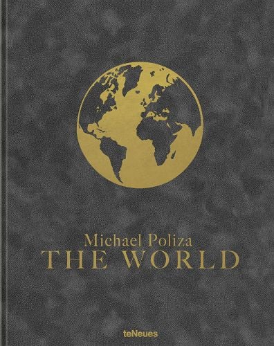 Mottle black and grey cover with gold foil embossed image of world and Michael Poliza The World in gold font below