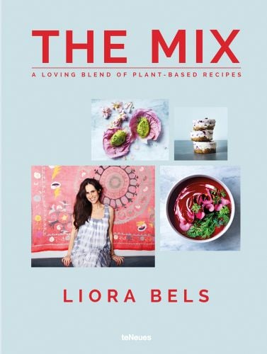 Bowl of beetroot soup, stack of three small cakes, on pale blue cover, 'THE MIX', in red font above, by teNeues Books.