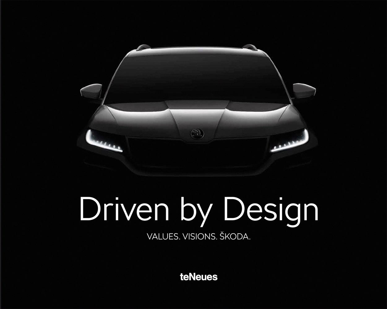SKODA car model with front lights on, on black cover, 'Driven by Design', in white font below, by teNeues Books.
